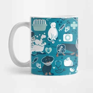 Veterinary medicine, happy and healthy friends // pattern // turquoise background aqua details navy blue white and brown cats dogs and other animals Mug